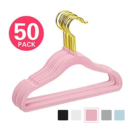 Product Cover MIZGI Premium Kids Velvet Hangers (Pack of 50) with Gold Hooks,Space Saving Ultra Thin,Non Slip Hangers use for Children's Skirt Dress Pants,Clothes Hangers by (Pink)