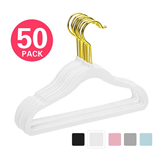 Product Cover MIZGI Premium Kids Velvet Hangers (Pack of 50) with Gold Hooks,Space Saving Ultra Thin,Non Slip Hangers use for Children's Skirt Dress Pants,Clothes Hangers by(White)
