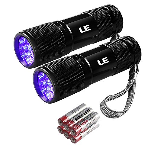 Product Cover LE Small UV Flashlight, Portable Black Light with 9 LEDs, 395nm, Ultraviolet Light Detector for Invisible Ink Pens, Pet Dog Cat Urine Stain and more, AAA Batteries Included, Pack of 2