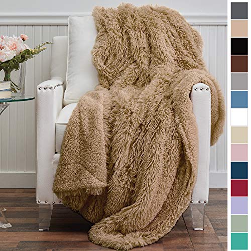 Product Cover The Connecticut Home Company Shag with Sherpa Reversible Throw Blanket, Super Soft, Large Plush Wrinkle Resistant Blankets, Warm and Hypoallergenic Washable Couch or Bed Throws, 65x50, Beige