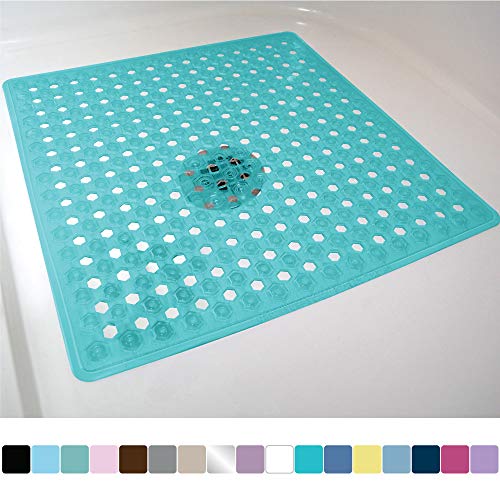 Product Cover Gorilla Grip Original Patented Bath, Shower, and Tub Mat, 21x21, Machine Washable, Antibacterial, BPA, Latex, Phthalate Free, Square Bathroom Mats with Drain Holes, Suction Cups, Turquoise