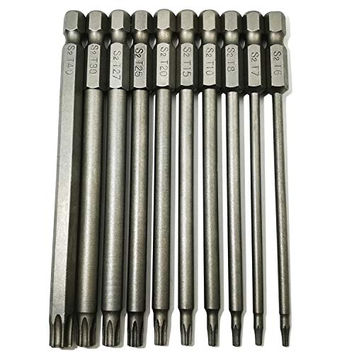 Product Cover LEROM 10 Pieces Torx Security Head Screwdriver Drill Set T6 T7 T8 T10 T15 T20 T25 T27 T30 T40 Torx Bits 1/4 Inch Magnetic Hex Shank 4 Inch Length S2 Steel Tamper Proof Star Screwdriver Bits Tools