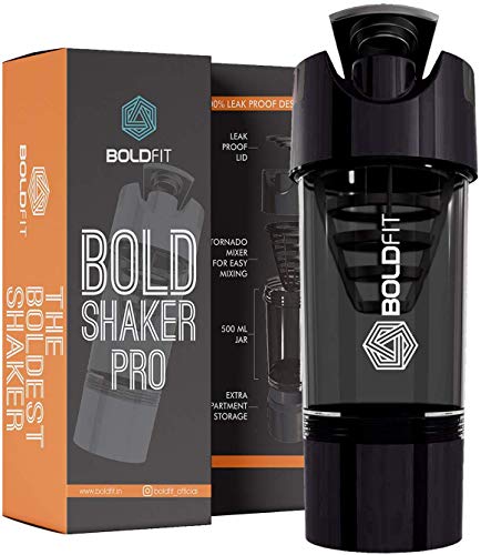 Product Cover Boldfit Gym Shaker Pro Cyclone Shaker 500ml with Extra Compartment, 100% Leakproof Guarantee, Ideal for Protein, Preworkout and BCAAs, BPA Free Material ... (Black)