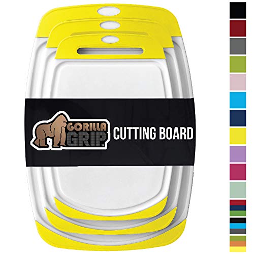 Product Cover Gorilla Grip Original Oversized Cutting Board, 3 Piece, BPA Free, Juice Grooves, Larger Thicker Boards, Easy Grip Handle, Dishwasher Safe, Non Porous, X Large, Kitchen, Set of 3, Lemon Yellow