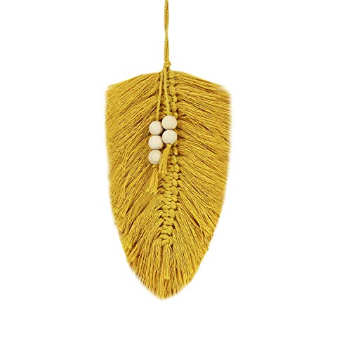 Product Cover Nice Dream Macrame Wall Hanging Feather Leaf, Boho Decor Cotton Macrame Cord Wall Art with Wooden Beads (Yellow)