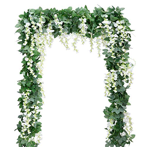 Product Cover Artificial Flowers Silk Wisteria Vine 5pcs 6.6ft/Piece Ivy Leaves Garland Wisteria Artificial Plants Greenery Fake Hanging Vines Green Leaf Garland for Wedding Kitchen Home Party Decor (White)