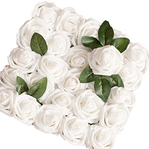 Product Cover Lmeison Artificial Flower Rose, 50pcs Real Looking Foam Roses w/Stem for Bridal Wedding Bouquets Centerpieces Baby Shower DIY Party Home Décor, White with 4 Leaves