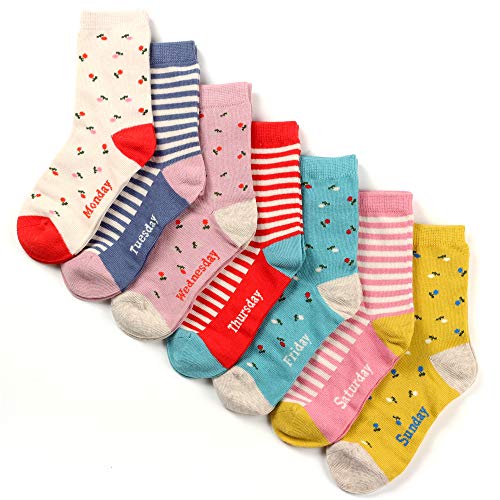 Product Cover COTTON DAY 7 Days of the Week Girls Cotton Crew Socks Gift Box Set (Floral & Stripes, M: Shoe Size 10-13)