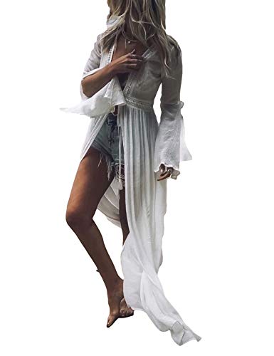 Product Cover Bsubseach Women White Turn Down Collar Beach Bikini Kimono Swimsuit Cover Up Swimwear with Belt