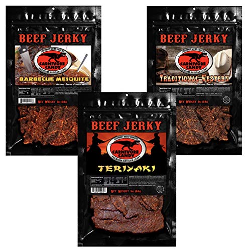 Product Cover JURASSIC JERKY'S Carnivore Candy Beef Jerky, 3 Flavors Variety Pack, Teriyaki, Barbecue Mesquite and Traditional Western, 3x3oz Bags of Food on the Go, Full of Protein Lunch Snack Sticks.