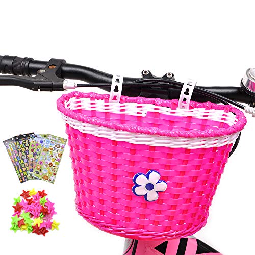 Product Cover Girl's Bike Basket, Front Handlebar Kid's Bicycle Basket with 3 Pcs Alphabet Flower Animal Stickers, 36 Pcs Bike Wheel Spokes for Kids Chirlden Gift DIY Sets - Flower