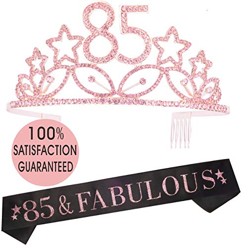 Product Cover 85th Birthday Gifts for Women, 85th Birthday Tiara and Sash, Happy 85th Birthday Party Supplies, 85th Black Glitter Satin Sash and Crystal Tiara Crown, 85th Birthday Party Decorations