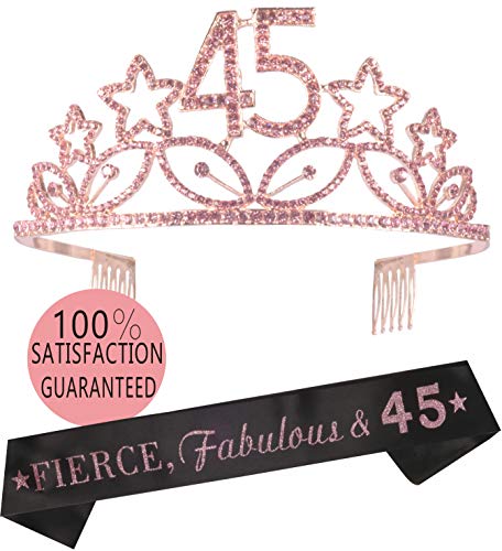 Product Cover 45th Birthday Gifts for Women, 45th Birthday Tiara and Sash, Happy 45th Birthday Party Supplies, Dirty 45 Glitter Satin Sash and Crystal Tiara, 45th Birthday Party Decorations