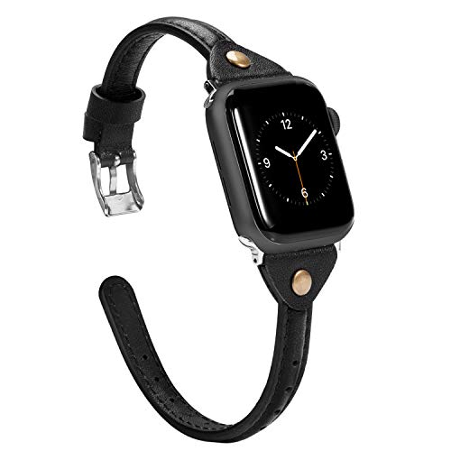 Product Cover Wearlizer Black Thin Leather Compatible with Apple Watch Band 38mm 40mm for iWatch Womens Men Slim Simple Strap Leisure Rivet Cute Narrow Stylish Wristband (Metal Silver Buckle) Series 5 4 3 2 1 Sport