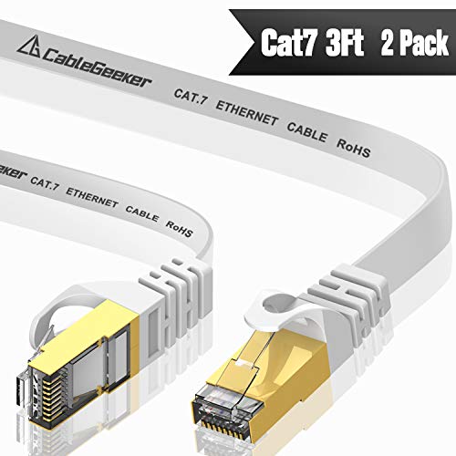 Product Cover CableGeeker Cat7 Ethernet Cable 3ft 2 Pack (30 AWG High Speed Cable) Flat Cat7 Shielded Ethernet Cable Support Cat5/Cat6 Network,600Mhz,10Gbps - White Computer Cord for Router Xbox Modem