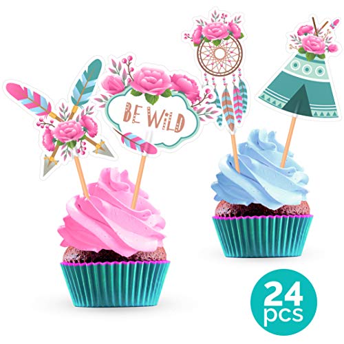 Product Cover Tribal Boho Cupcake Cake Toppers - Decorations Supplies for Feather Flower Dream Catcher Bohemian Birthday Party Baby Shower Wedding - 24 Pieces