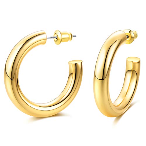 Product Cover EARLLER Thick Gold Huggie Hoop Earrings, 3cm Spike Cuff Loop | Chunky Open Hoops for Women and Girls - 14K Gold Plated & 925 Sterling Silver Post