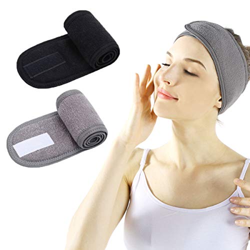 Product Cover Facial Spa Headband - 2 Pcs Makeup Shower Bath Wrap Sport Headband Terry Cloth Adjustable Stretch Towel with Magic Tape