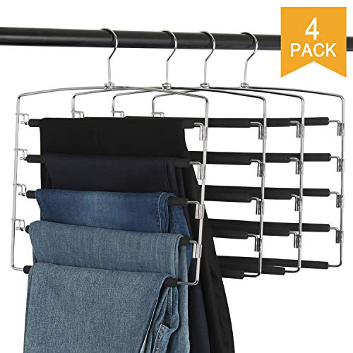 Product Cover Clothes Pants Slack Hangers 5 Layers Non Slip Closet Storage Organizer Space Saving Hanger with Foam Padded Swing Arm for Pants Jeans Scarf Trousers Skirts (Updated Version-4pcs Black)
