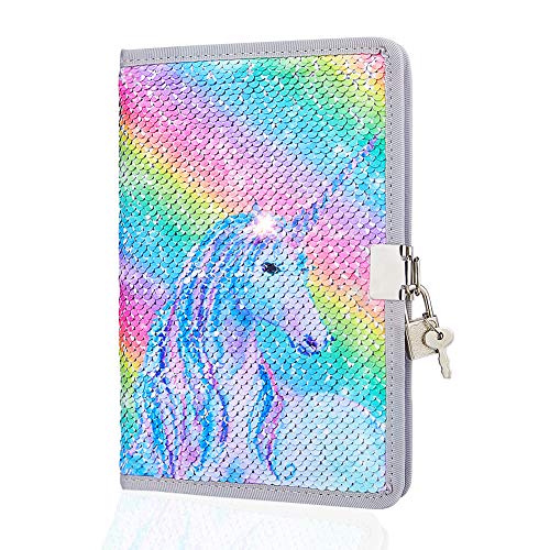 Product Cover MHJY Unicorn Notebook Sequin Secret Diary with Lock,Reversible Mermaid Sequin Notebook Private Journal Magic Travel Journal Unicorn Notebook Gift for Adults and Kids