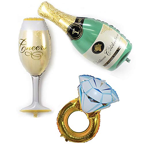 Product Cover CheeseandU 3Packs Party Large Foil Balloons - Green Bottle & Champagne Goblet & Diamond Ring for Bar Valentines Wedding Decors Aluminium Balloon Birthday Party Decoration Supplies (STY-4)