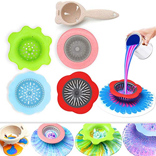 Product Cover Acrylic Pouring Strainers, Angela&Alex 5 PCS Flow Painting Tools Christmas DIY Kits Drawing Sets Flower Strainers Plastic Silicone Drain Basket Unique Pattern Train Art Supplies