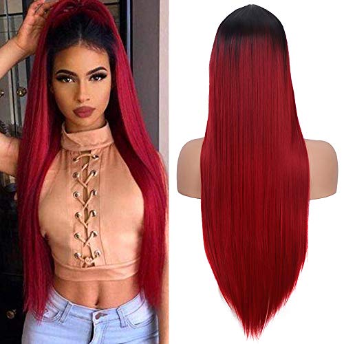 Product Cover Fani Ombre Wine Red Wigs Long Straight Burgundy Synthetic Wig for Women and Ladies Natural Hairline Middle Part Cosplay Party Wigs