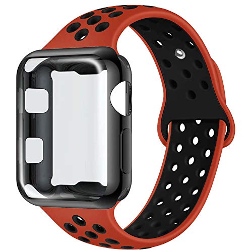 Product Cover ADWLOF Compatible with Apple Watch Band with Case 42mm, Silicone Replacement Strap with Screen Protector Cover for Wristband for iWatch Series 3/2/1, Nike+, Sport, Edition,S/M,M/L,Red Black