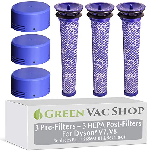 Product Cover GreenVacShop 6pk Filter Set Replacement for Dyson V8+, V8, V7 Absolute Animal Motorhead Vacuum, 3 Pre Filters & 3 HEPA Post Filters, Replaces Part # 965661-01 & 967478-01