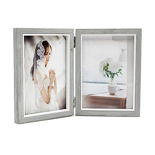 Product Cover Afuly Grey Picture Frame 5x7 Double Wooden Hinged Photo Frames Folding Vertical for Table Desk Top Display