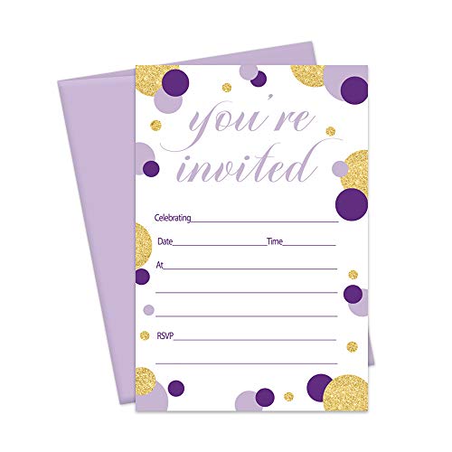 Product Cover Purple and Gold Invitations with Envelopes (Pack of 15) Girls Baby Shower, Graduation, Birthday or Any Celebration