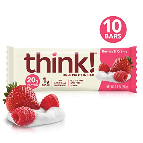 Product Cover think! High Protein Bars - Berries & Crème, 20g Protein, 1g Sugar, No Artificial Sweeteners, Gluten Free, GMO Free, 2.1 oz bar (10 Count)