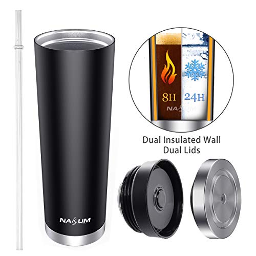 Product Cover Double Walled Tumbler Cup, NASUM 22 oz Hot Iced Coffee Tumbler with 1 Straw,2 Lids, Vacuum Insulated 18/8 Stainless Steel Coffee Cup, Multi-functional Tumbler the best gift for Travel,Work,Fitness