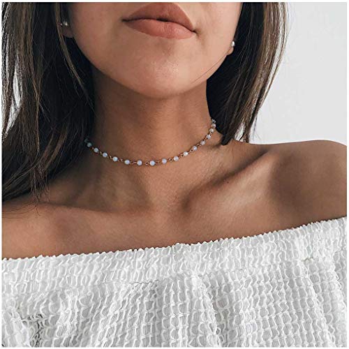 Product Cover Olbye Tiny Rainbow Moonstone Necklace Choker Minimalist Gold Necklace for Women and Girls CZ Necklace Everyday Jewelry