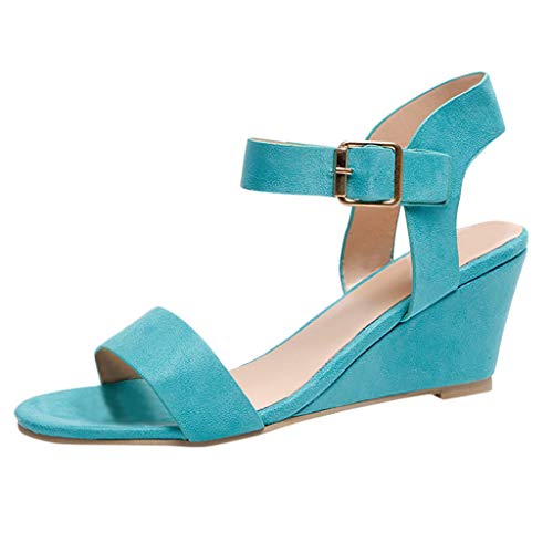 Product Cover Women's Summer Ankle Strap Buckle Low Wedge Platform Heel Sandals Fashion Design Pump Shoes (US:9, Blue)