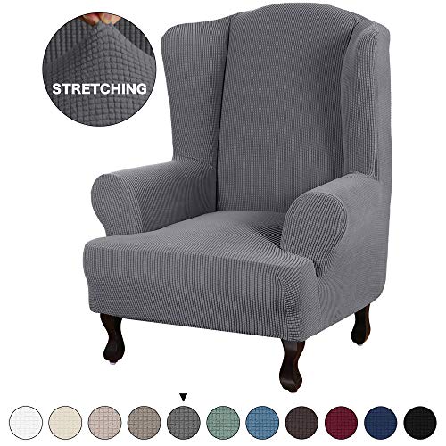 Product Cover Turquoize Stretch Wing Chair Slipcover Wingback Armchair Chair Sofa Cover Furniture Protector 1-Piece with Elastic Bottom Anti-Slip Foam Kids Jacquard Fabric Small Checks (Wing Chair, Grey)