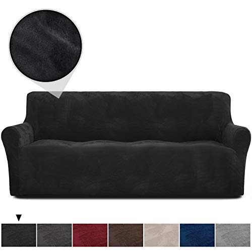 Product Cover Rose Home Fashion RHF Velvet-Sofa Slipcover,Stretch Sofa Cover, Slipcover for Leather Couch-Polyester Spandex Sofa Slipcover&Couch Cover for Dogs, 1-Piece Sofa Protector(Black-Extra Wide Sofa)