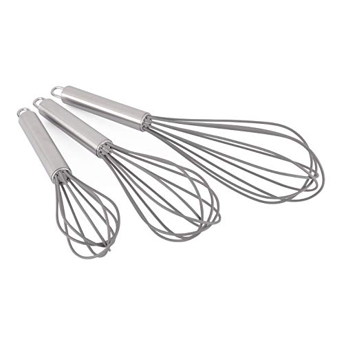 Product Cover Set of 3 Silicone Gray Whisks with Stainless Steel handles. Milk & Egg Beater Balloon Metal Whisk for Blending, Whisking, Beating and Stirring. Whisks for cooking by Dragonn. (Gray)
