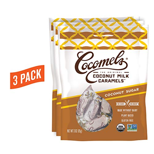 Product Cover Cocomels Coconut Milk Caramels With Coconut Sugar, Organic Candy, Dairy Free, Sugar Free, Vegan, Gluten Free, Non-GMO, No Cane Sugar, No High Fructose Corn Syrup, Kosher, Plant Based, (3 Pack)