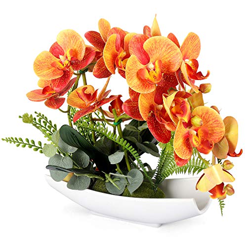 Product Cover YOBANSA Orchid Bonsai Artificial Flowers with Imitation Porcelain Flower Pots Phalaenopsis Fake Flowers Arrangements for Home Decoration(Orange)