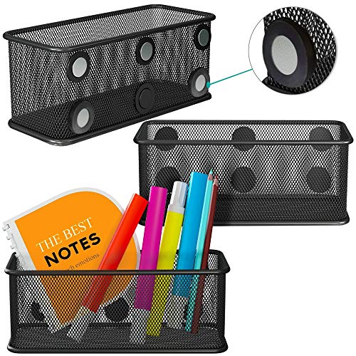 Product Cover Mesh Magnetic Storage Basket with Anti-Slip Feature and Strong Magnets - Magnetic Locker Organizer and Pencil Holder for Whiteboard and Refrigerator - Set of 3 (Black)