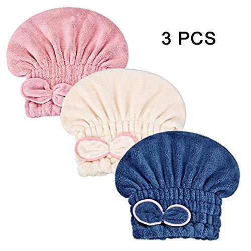 Product Cover Microfiber Hair Drying Caps,Fast Drying Hair Wrap Towels Elastic Shower Caps for Girls and Women,3 Pcs
