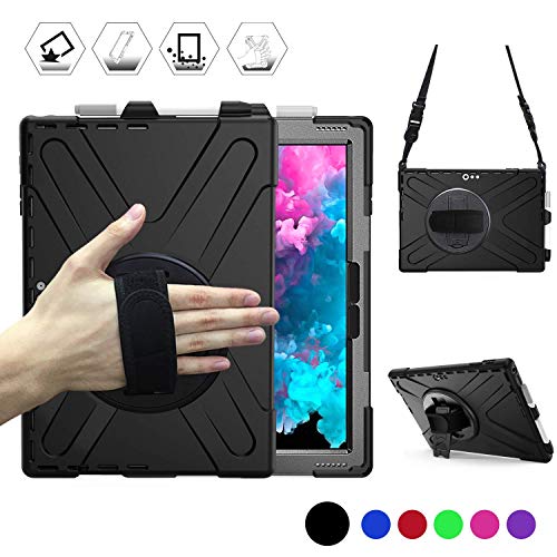 Product Cover Microsoft Surface Pro 7 / Pro 6 / Pro 5 / Pro 2017 / Pro 4 / Pro LTE Case, Protective Rugged Cover Case w/Pen Holder Hand Strap Rotating Kickstand Shoulder Strap, Rugged Shockproof Silicone Case Black