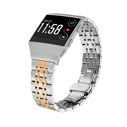 Product Cover Shangpule Compatible for Fitbit Ionic Bands, Stainless Steel Metal Replacement Strap Bracelet Wrist Band Accessories for Ionic Smart Watch Women Man Large Small (Silver + Gold)