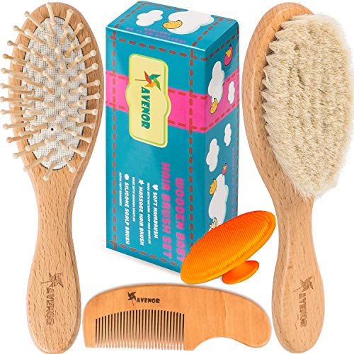 Product Cover Baby Hair Brush Comb Set - Natural Wooden Hairbrush with Soft Goat Bristles for Cradle Cap - Scalp Grooming Massage for Newborns, Toddlers, Kids - Baby Shower and Registry Gift