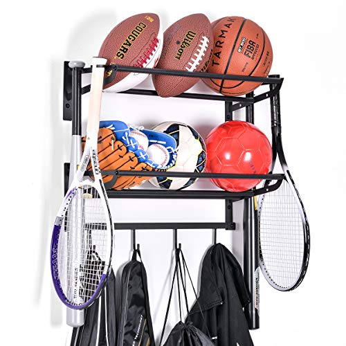 Product Cover Sports Equipment Storage Rack for Baseball/Basketball/Football/Badminton/Golf/Yoga/Exercise Balls - Four Badminton Tennis Hold-2 Separate Storage Rack- Baseball/Softball Bat Rack/Bat Hooks