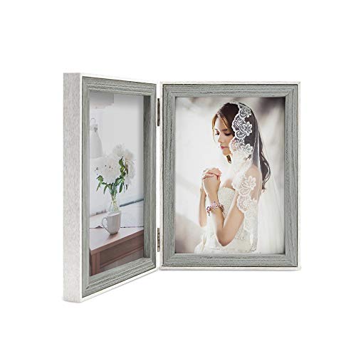 Product Cover Afuly 5x7 Double Picture Frame Grey Wooden Hinged Photo Frames with White Thin Liner Vertically for Table Desk Top