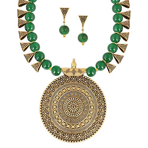 Product Cover MUCH-MORE Indian Oxidized Colored Pearl Beaded Tribal Disk Necklace Set Traditional Jewelry for Womens (2544Green)