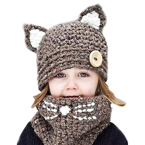 Product Cover Spring Fever Kids Baby Girls Boys Toddler Winter Warm Knitted Animal Fox Cat Hood Ear Scarf Coif Hat Set Khaki Fox