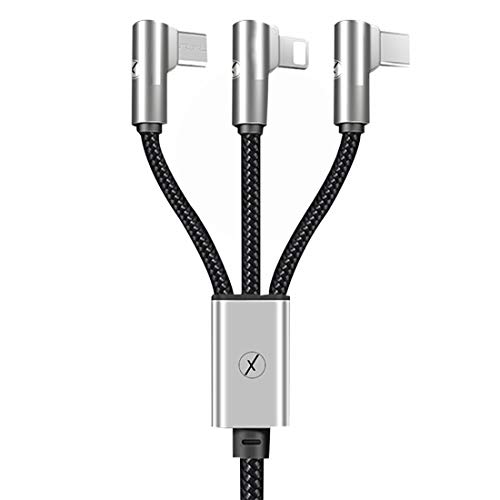 Product Cover Xmate Mettle Pro 3 in 1 Cable Fast Multi Charger Cable Nylon Braided Charging Cable for Type-C, Micro and iPhone Pins, Smart Charge 3 Port Data Charging Cable For All Smartphones(3 in 1 Cable)-(Black)